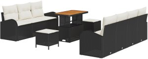 vidaXL 10-elementowy zestaw sof ogrodowych z poduszkami Czarny Poli Rattan Akacja, 2-osobowa sofa ogrodowa z schowkiem i poduszkami Czarny Poli Rattan, 3-elementowy zestaw do jedzenia w ogrodzie z poduszkami Czarny Poli Rattan Akacja 2