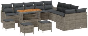 vidaXL Zestaw sofy ogrodowej 14-częściowy z poduszkami szary polirattan akacja, Zestaw sofy ogrodowej 2-osobowej z przechowywaniem i poduszkami szary polirattan, Zestaw jadalny ogrodowy 4-częściowy z poduszkami szary polirattan akacja 2