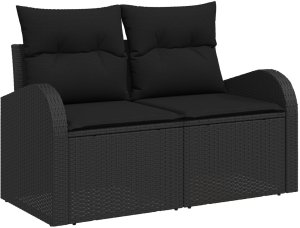 vidaXL 10-częściowy zestaw sof ogrodowych z poduszkami czarny polirattan akacja, vidaXL 2-osobowa sofa ogrodowa z przestrzenią do przechowywania i poduszkami czarny polirattan, vidaXL 3-częściowy zestaw do jadalni ogrodowej z poduszkami czarny polira 5