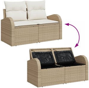 Zestaw Sofy Ogrodowej 10-częściowy vidaXL z Poduszkami Beżowy Poli Rattan Akacja, Sofa Ogrodowa 2-osobowa vidaXL z Przechowalnią i Poduszkami Beżowy Poli Rattan, Zestaw Do Jadalni w Ogrodzie 3-częściowy vidaXL z Poduszkami Beżowy Poli Rattan Akacj 10