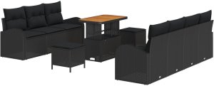 vidaXL 10-częściowy zestaw sofy ogrodowej z poduszkami czarny polirattan akacja, 2-osobowa sofa ogrodowa z miejscem na przechowywanie i poduszkami czarny polirattan, 3-częściowy zestaw jadalniany ogrodowy z poduszkami czarny polirattan a 2