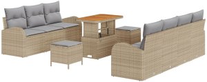 vidaXL 10-częściowy zestaw sof ogrodowych z poduszkami beżowy polirattan akacjowy, sofa ogrodowa 2-osobowa z miejscem na przechowywanie i poduszkami beżowy polirattan, 3-częściowy zestaw do jadalni ogrodowej z poduszkami beżowy polira 2