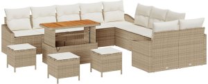 Zestaw sofy ogrodowej 13-częściowy z poduszkami Beżowy Polirattan Akacja, Sofa ogrodowa 2-osobowa z miejscem do przechowywania i poduszkami Beżowy Polirattan, Zestaw do jadalni ogrodowej 3-częściowy z poduszkami Beżowy Polirattan Akacja 2