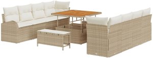 Zestaw sof ogrodowych vidaXL 11-częściowy z poduszkami Beżowy Poli Rattan Akacja, Zestaw sof ogrodowych vidaXL 2-osobowy z miejscem na przechowywanie i poduszkami Beżowy Poli Rattan, Zestaw do jadalni ogrodowej vidaXL 3-częściowy z poduszkami Beżow 2