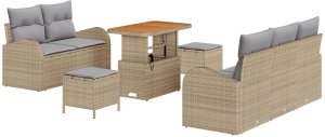 vidaXL Zestaw sofy ogrodowej 8 elementów z poduszkami Beżowy Polirattan Akacja, Sofa ogrodowa 2-osobowa z przechowywaniem i poduszkami Beżowy Polirattan, Zestaw jadalny 3 elementy z poduszkami Beżowy Polirattan Akacja 2