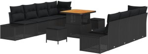 vidaXL 11-częściowy zestaw sof ogrodowych z poduszkami Czarny Polirattan Akacja, vidaXL 2-osobowa sofa ogrodowa z magazynem i poduszkami Czarny Polirattan, vidaXL 3-częściowy zestaw do jadalni ogrodowej z poduszkami Czarny Polirattan Akacja 2