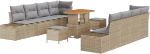 vidaXL Zestaw sofy ogrodowej 11 elementów z poduszkami Beżowy polirattan Akacja., Sofa ogrodowa dwuosobowa z miejscem na przechowywanie i poduszkami Beżowy polirattan., Zestaw do jedzenia w ogrodzie 3 części z poduszkami Beżowy polirat 2