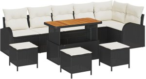 vidaXL Zestaw sof ogrodowych 9-elementowy z poduszkami czarny polirattan akacja, Dwuosobowa sofa ogrodowa z miejscem do przechowywania i poduszkami czarny polirattan, Zestaw do jedzenia w ogrodzie 3-elementowy z poduszkami czarny polirattan 2