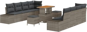 vidaXL Zestaw 11-elementowy kanap ogrodowych z poduszkami Szary Polirattan Akacja, 2-osobowa kanapa ogrodowa z miejscem do przechowywania i poduszkami Szary Polirattan, Zestaw 3-elementowy do jadalni ogrodowej z poduszkami Szary Polirattan A 2