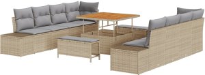 Zestaw sofy ogrodowej vidaXL 11-elementowy z poduszkami Beżowy Polirattan Akacja, Sofa ogrodowa vidaXL 2-osobowa z miejscem do przechowywania i poduszkami Beżowy Polirattan, Zestaw do jedzenia vidaXL 3-elementowy z poduszkami Beżowy Polirattan Akacja 2