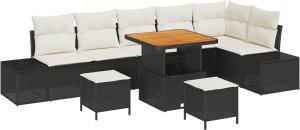 9-częściowy zestaw sof ogrodowych z poduszkami Czarny Polirattan Akacja, 2-osobowa sofa ogrodowa z przechowalnią i poduszkami Czarny Polirattan, 3-częściowy zestaw jadalniany ogrodowy z poduszkami Czarny Polirattan Akacja 2