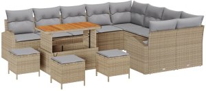 vidaXL 13 Elementowy Zestaw Sof Ogrodowych z Poduszkami Beżowy Polirattan Akacja, 2-osobowa Sofa Ogrodowa z Przechowywaniem i Poduszkami Beżowy Polirattan, 4-elementowy Zestaw do Jadalni Ogrodowej z Poduszkami Beżowy Polirattan Akacja 2