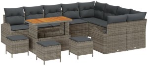 vidaXL 13-częściowy zestaw sof ogrodowych z poduszkami szary poli rattan akacja, 2-osobowa sofa ogrodowa z miejscem do przechowywania i poduszkami szary poli rattan, 4-częściowy zestaw do jadalni w ogrodzie z poduszkami szary poli rattan 2