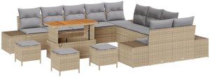 vidaXL Zestaw Sofy Ogrodowej 14 Elementów z Poduszkami Beżowy Polirattan Akacja, Zestaw Sofy Ogrodowej 2-osobowej z Przechowalnią i Poduszkami Beżowy Polirattan, Zestaw Jadalniany 4 Elementy z Poduszkami Beżowy Polirattan Akacja 2