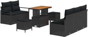 vidaXL 8 Elementowy Zestaw Sof Ogrodowych z Poduszkami Czarny Polirattan Akacja, Sofa Ogrodowa 2-osobowa z Przechowalnią i Poduszkami Czarny Polirattan, 3 Elementowy Zestaw Stołu Jadalnego Ogrodowego z Poduszkami Czarny Polirattan Akacja 2
