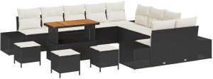 14-częściowy zestaw sof ogrodowych z poduszkami czarny polirattan akacja, 2-osobowa sofa ogrodowa z miejscem do przechowywania i poduszkami czarny polirattan, 4-częściowy zestaw do jedzenia w ogrodzie z poduszkami czarny polirattan akacja 2