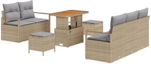 vidaXL 8-częściowy zestaw sof ogrodowych z poduszkami Beżowy polirattan akacja, 2-osobowa sofa ogrodowa z miejscem do przechowywania i poduszkami Beżowy polirattan, 3-częściowy zestaw jadalniany ogrodowy z poduszkami Beżowy polirattan 2