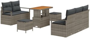 8-częściowy zestaw sof ogrodowych z poduszkami szary poli ratan akacja, Sofa ogrodowa 2-osobowa z schowkiem i poduszkami szary poli ratan, 3-częściowy zestaw do jadalni ogrodowej z poduszkami szary poli ratan akacja 2