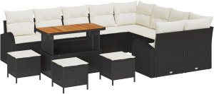 Zestaw 13-częściowy sofy ogrodowej z poduszkami czarny polirattan akacja, Sofa ogrodowa 2-osobowa z schowkiem i poduszkami czarny polirattan, Zestaw do jadalni ogrodowej 4-częściowy z poduszkami czarny polirattan akacja 2