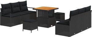 Zestaw sof ogrodowych vidaXL 9 części z poduszkami czarny polirattan akacja, 2-osobowa sofa ogrodowa vidaXL z miejscem do schowania i poduszkami czarny polirattan, 3-częściowy zestaw jadalny ogrodowy vidaXL z poduszkami czarny polirattan akacja 2