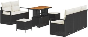 vidaXL 8-częściowy zestaw sof ogrodowych z poduszkami czarny polirattan akacja, 2-osobowa sofa ogrodowa z przechowalnią i poduszkami czarny polirattan, 3-częściowy zestaw jadalny ogrodowy z poduszkami czarny polirattan akacja 2
