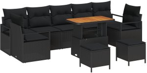 Zestaw sof ogrodowych vidaXL z poduszkami 10 częściowy Czarny Polirattan Akacja, Sofa ogrodowa vidaXL 2-osobowa z przechowywaniem i poduszkami Czarny Polirattan, Zestaw do jadalni ogrodowej vidaXL 3 częściowy z poduszkami Czarny Polirattan Akacja 2
