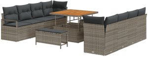 Zestaw sofy ogrodowej vidaXL 11-elementowy z poduszkami szary polirattan, 2-osobowa sofa ogrodowa vidaXL z miejscem do przechowywania i poduszkami, Stół jadalny ogrodowy 3-elementowy vidaXL z poduszkami szary polirattan 2