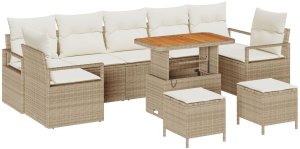 vidaXL 10-częściowy zestaw sofy ogrodowej z poduszkami beżowy, poli rattan, akacja, 2-osobowa sofa ogrodowa z miejscem do przechowywania i poduszkami beżowy poli rattan, 3-częściowy zestaw do jadalni ogrodowej z poduszkami beżowy poli 2