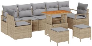 vidaXL 10-częściowy Zestaw Sofy Ogrodowej z Poduszkami Beżowy Polirattan Akacja, 2-osobowa Sofa Ogrodowa z Przechowywaniem i Poduszkami Beżowy Polirattan, 3-częściowy Zestaw Obiadowy Ogrodowy z Poduszkami Beżowy Polirattan Akacja 2