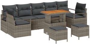 vidaXL Zestaw 10-częściowych kanap ogrodowych z poduszkami Szary Polirattan Akacja, Kanapa ogrodowa dla 2 osób z schowkiem i poduszkami Szary Polirattan, Zestaw 3-częściowy stołu ogrodowego z poduszkami Szary Polirattan Akacja 2