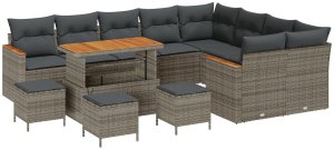 12-częściowy zestaw sof ogrodowych z poduszkami w szarym rattanem syntetycznym, 3-częściowy zestaw jadalny ogrodowy z poduszkami w szarym rattanem syntetycznym 2
