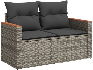12-częściowy zestaw sof ogrodowych z poduszkami w szarym rattanem syntetycznym, 3-częściowy zestaw jadalny ogrodowy z poduszkami w szarym rattanem syntetycznym 6