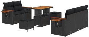 vidaXL Zestaw sof ogrodowych w 8 częściach z poduszkami czarny polirattan akacja, Zestaw jadalny ogrodowy w 3 częściach z poduszkami czarny polirattan akacja 2