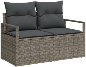 Zestaw 9-częściowy sof ogrodowych z poduszkami szary rattan poliester, Sofa ogrodowa 2-osobowa z przechowalnią i poduszkami szary rattan poliester, Zestaw 3-częściowy do jadalni ogrodowej z poduszkami szary rattan poliester 5