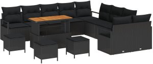 Zestaw sof ogrodowych vidaXL 13-częściowy z poduszkami Czarny Poli Rattan Akacja, Sofa ogrodowa 2-osobowa vidaXL z miejscem do przechowywania i poduszkami Czarny Poli Rattan, Zestaw mebli jadalnych vidaXL 3-częściowy z poduszkami Czarny Poli Rattan Ak 2