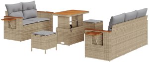 vidaXL 8-częściowy zestaw sofy ogrodowej z poduszkami Beżowy Polirattan Akacja, 3-częściowy zestaw jadalniany na zewnątrz z poduszkami Beżowy Polirattan Akacja 2