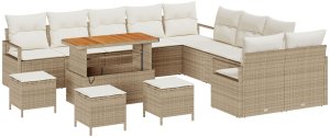 vidaXL Zestaw 13-częściowy sofy ogrodowej z poduszkami Beżowy Poli Rattan Akacja, 2-osobowa sofa ogrodowa z przechowywaniem i poduszkami Beżowy Poli Rattan, Zestaw obiadowy 3-częściowy z poduszkami Beżowy Poli Rattan Akacja 2