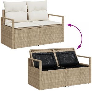 vidaXL Zestaw 13-częściowy sofy ogrodowej z poduszkami Beżowy Poli Rattan Akacja, 2-osobowa sofa ogrodowa z przechowywaniem i poduszkami Beżowy Poli Rattan, Zestaw obiadowy 3-częściowy z poduszkami Beżowy Poli Rattan Akacja 9