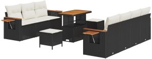 vidaXL Zestaw Sof Ogrodowych 10-częściowy z Poduszkami Czarny Polirattan Akacja, Zestaw do Jadalni 3-częściowy z Poduszkami Czarny Polirattan Akacja 2