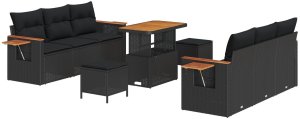 vidaXL 9-częściowy Zestaw Sofowy Ogrodowy z Poduszkami Czarny Polirattan Akacja, vidaXL 3-częściowy Zestaw Stołowy Ogrodowy z Poduszkami Czarny Polirattan Akacja 2