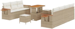 vidaXL Zestaw Sofowy Ogrodowy 10 Części z Poduszkami Beżowy Polirattan Akacja, Zestaw Sofowy Ogrodowy 3 Części z Poduszkami Beżowy Polirattan Akacja 2