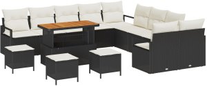 Zestaw Sofy Ogrodowej vidaXL 13-częściowy z Poduszkami Czarny Poli Rattan Akacja, Sofa Ogrodowa 2-osobowa vidaXL z przechowywaniem i poduszkami Czarny Poli Rattan, Zestaw Jadalny Ogrodowy 3-częściowy vidaXL z Poduszkami Czarny Poli Rattan Akacja 2