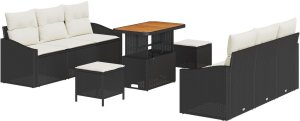 vidaXL 9-częściowy zestaw sof ogrodowych z poduszkami Czarny Polirattan Akacja, vidaXL 2-osobowa sofa ogrodowa z miejscem do przechowywania i poduszkami Czarny Polirattan, vidaXL 3-częściowy zestaw do jadalni w ogrodzie z poduszkami Czarny Polirattan 2