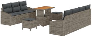vidaXL 10-Częściowy Zestaw Sof Ogrodowych z Poduszkami Szary Polirattan Akacja, 2-osobowa Sofa Ogrodowa z Przechowywaniem i Poduszkami Szary Polirattan, 3-Częściowy Zestaw Jadalniany Ogrodowy z Poduszkami Szary Polirattan Akacja 2