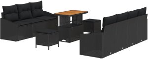 Zestaw 10 elementów sof ogrodowych z poduszkami czarny polirattan akacja, Sofa ogrodowa 2-osobowa z miejscem do przechowywania i poduszkami czarny polirattan, Zestaw jadalny ogrodowy 3-elementowy z poduszkami czarny polirattan akacja 2