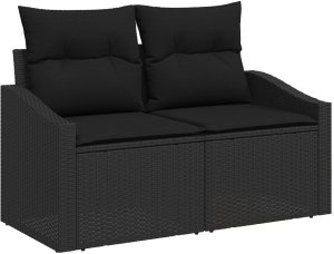 Zestaw 10 elementów sof ogrodowych z poduszkami czarny polirattan akacja, Sofa ogrodowa 2-osobowa z miejscem do przechowywania i poduszkami czarny polirattan, Zestaw jadalny ogrodowy 3-elementowy z poduszkami czarny polirattan akacja 5