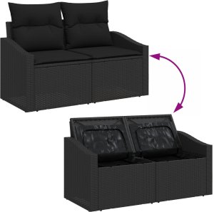 Zestaw 10 elementów sof ogrodowych z poduszkami czarny polirattan akacja, Sofa ogrodowa 2-osobowa z miejscem do przechowywania i poduszkami czarny polirattan, Zestaw jadalny ogrodowy 3-elementowy z poduszkami czarny polirattan akacja 10