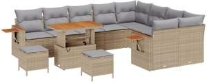 vidaXL 12-elementowy zestaw kanap ogrodowych z poduszkami Beżowy Poli Rattan Akacja, 3-elementowy zestaw jadalny ogrodowy z poduszkami Beżowy Poli Rattan Akacja 2