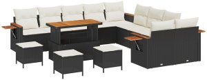 Zestaw ogrodowy vidaXL 13-elementowy z poduszkami Czarny Poli Rattan Akacja, Zestaw do jadalni vidaXL 3-elementowy z poduszkami Czarny Poli Rattan Akacja 2