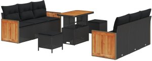 vidaXL 9-częściowy zestaw sof ogrodowych z poduszkami Czarny Polirattan Akacja, 3-częściowy zestaw jadalniany ogrodowy z poduszkami Czarny Polirattan Akacja 2